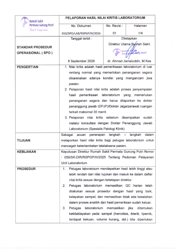 SPO 010. PELAPORAN HASIL NILAI KRITIS LABORATORIUM